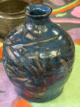 Vintage Raku glazed vessel in blue, gunmetal and black