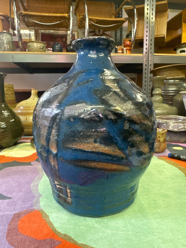 Vintage Raku glazed vessel in blue, gunmetal and black