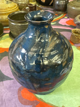 Vintage Raku glazed vessel in blue, gunmetal and black