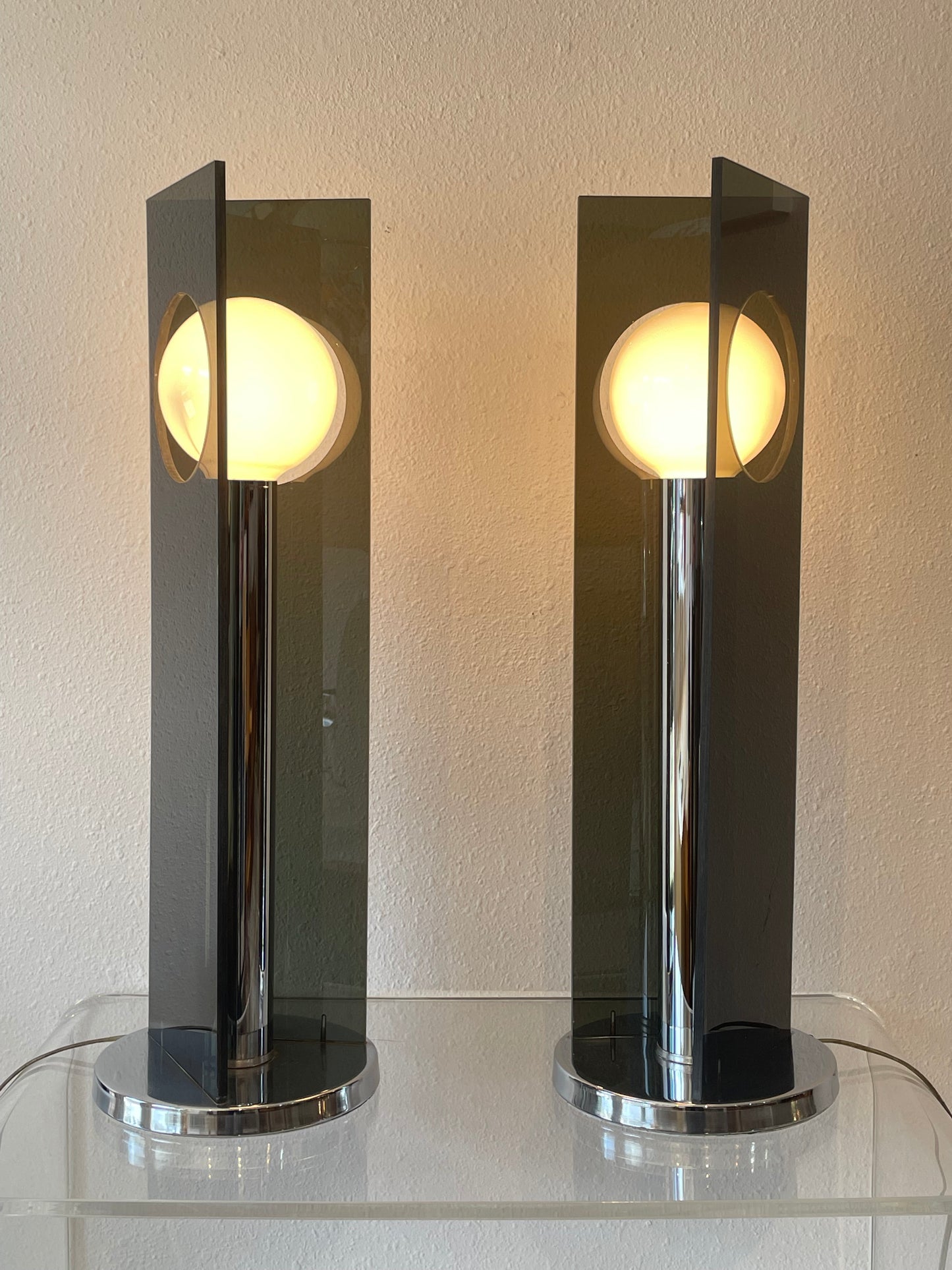 Pair of Vintage Smoked Lucite & Chrome Table Lamps