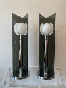 Pair of Vintage Smoked Lucite & Chrome Table Lamps