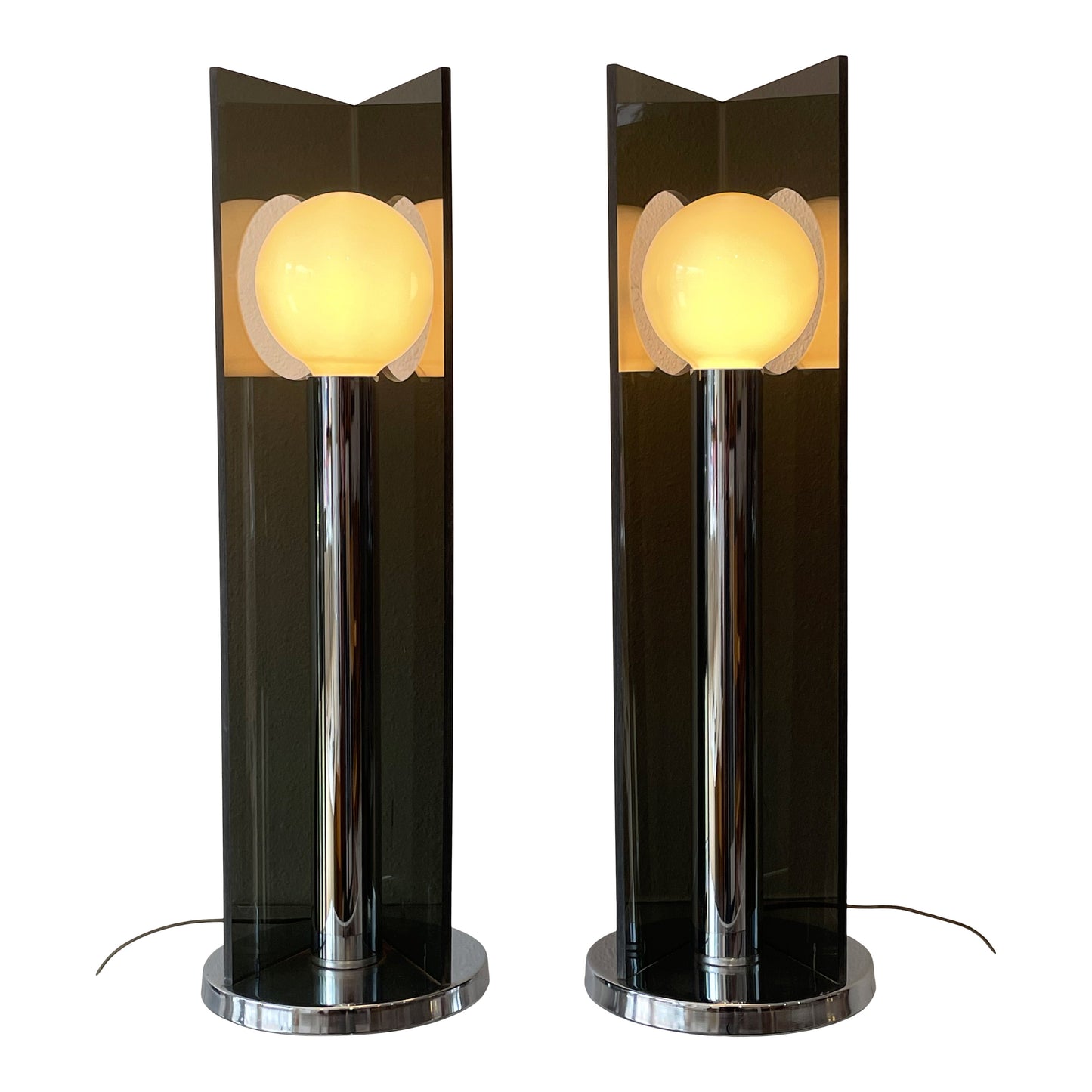 Pair of Vintage Smoked Lucite & Chrome Table Lamps